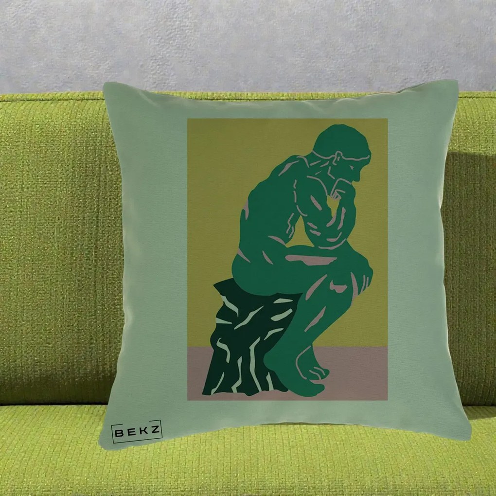 Perna Decorativa Ganditorul Sculptura Pop Art, 40x40 cm, Verde, Husa Detasabila, Perna Inclusa, BEKZ®