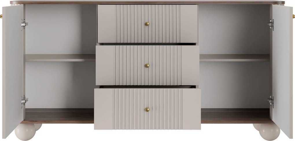 Comodă cu sertare pe picioare rotunde Vesper 160 cm - cașmir / nuc / mânere aurii