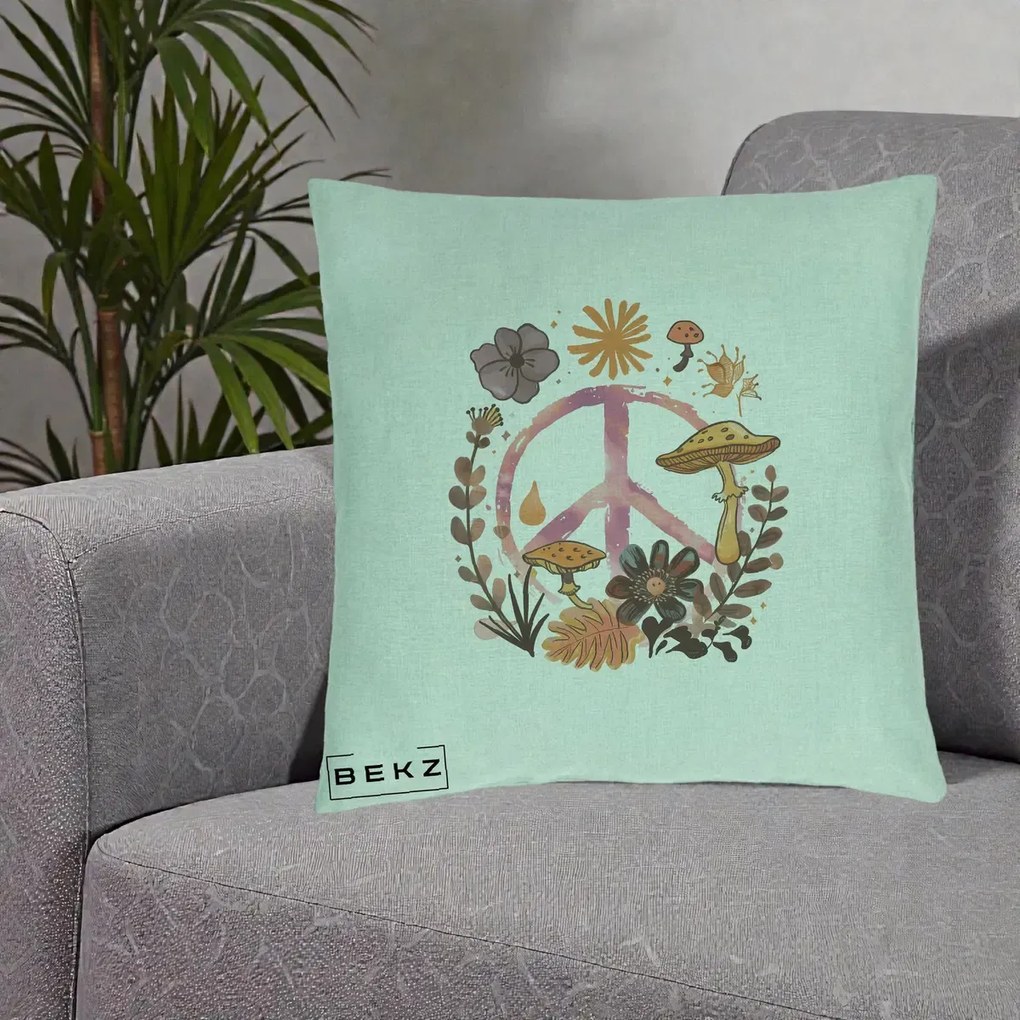 Perna Decorativa Peace Ciuperci Boho, 40x40 cm, Verde Menta, Husa Detasabila, Perna Inclusa, BEKZ®