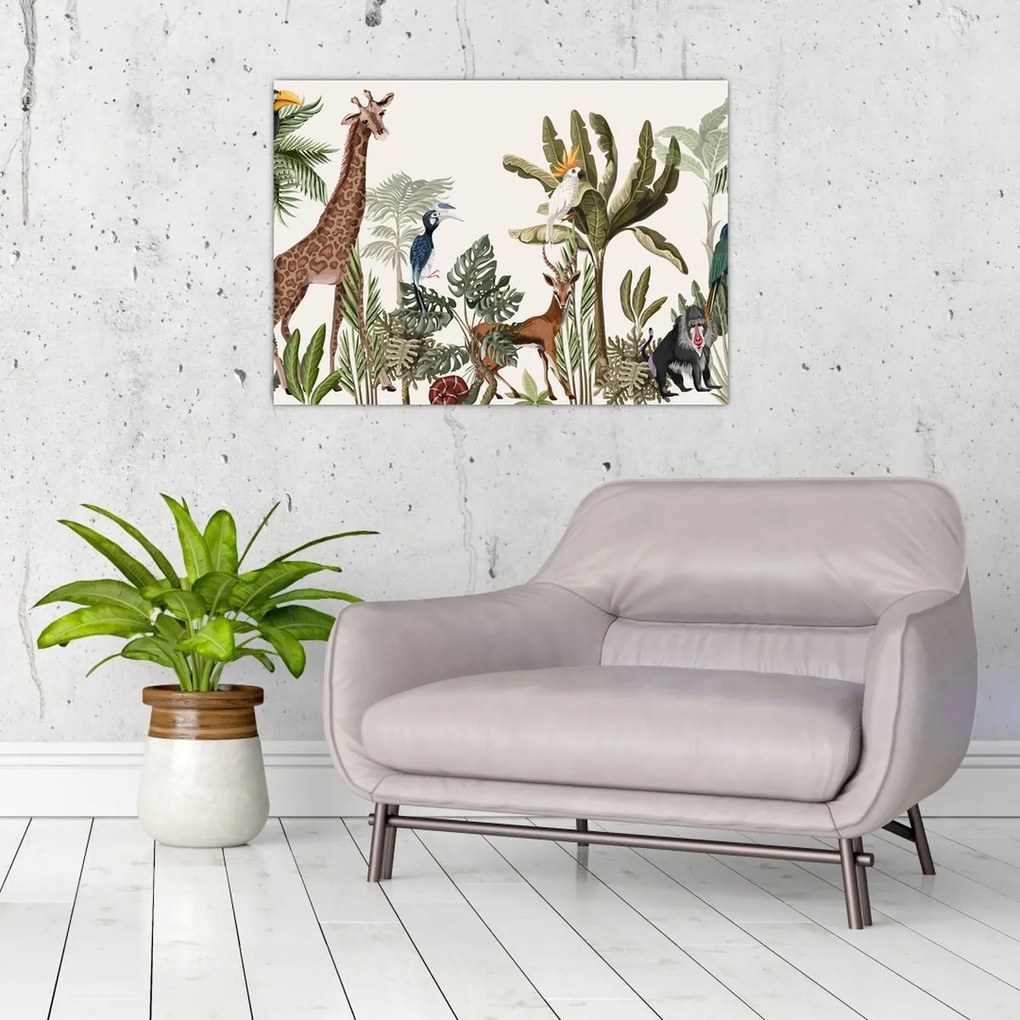 Tablou pe sticlă - Jungla plină de animale (70x50 cm)