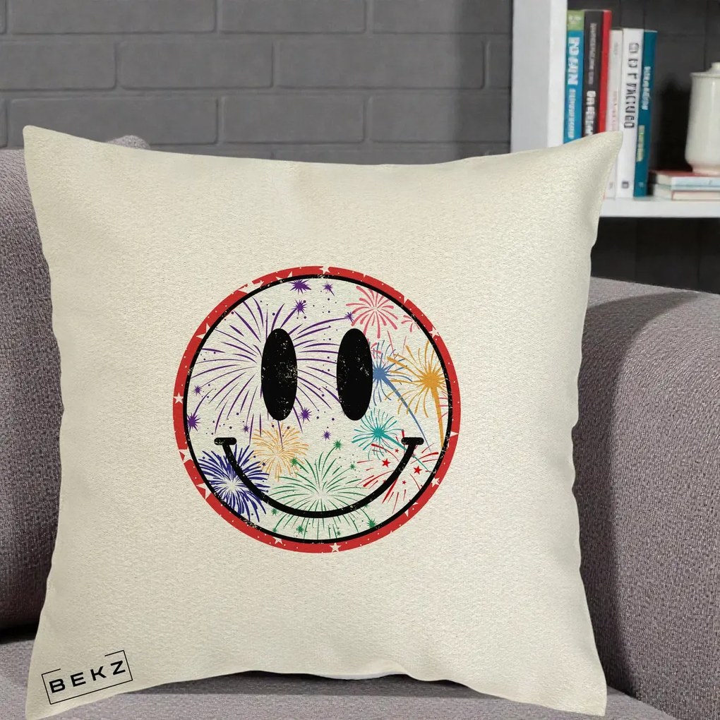 Perna decorativa Smiley Face cu Artificii Multicolore, 40x40 cm cu Umplutura, Ecru, BEKZ