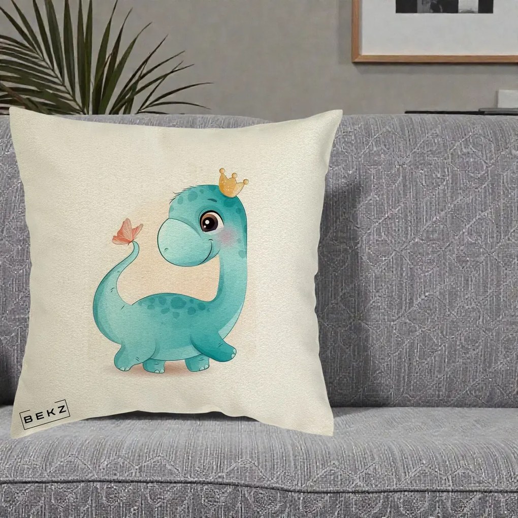 Perna Personalizata Dinozaur Bland Coroana Kawaii, 40x40 cm, Ecru, Husa Detasabila, Perna Inclusa, BEKZ®