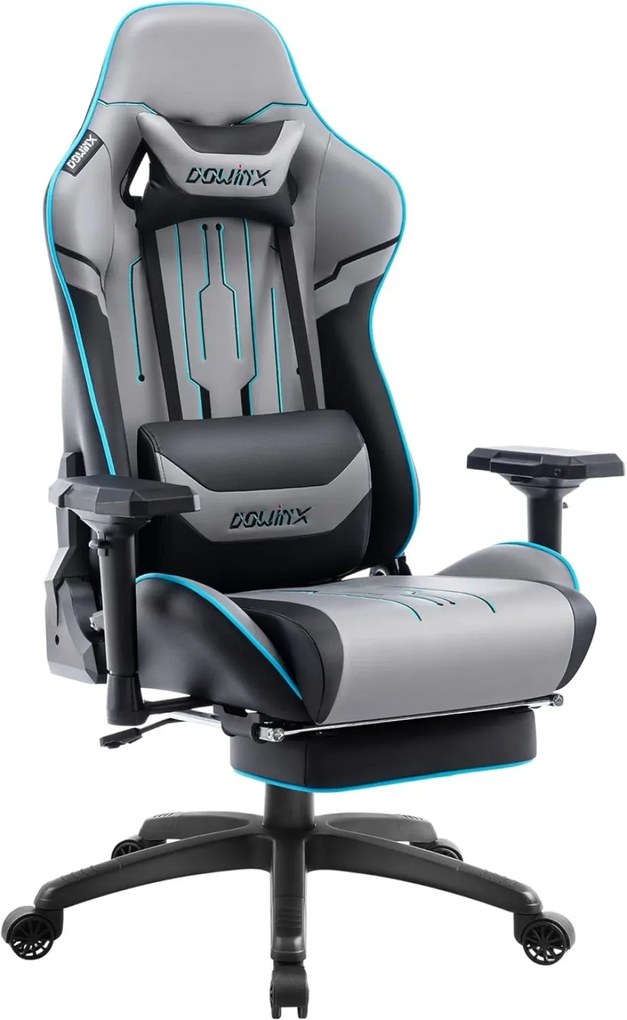 RESIGILAT- DOWINX Scaun gaming, ergonomic, pernă lombară cu masaj, spatar inalt, suport pentru picioare, piele PU matlasata, respirabila, cotiere 4D, rezistent 150 kg, Gri