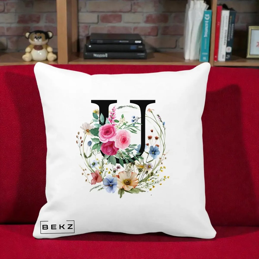 Cadou Personalizat - Perna Personalizata Monogram Litera U cu Flori Acuarela, 40x40 cm, Alba Mata, Husa Detasabila, Perna Inclusa, BEKZ®