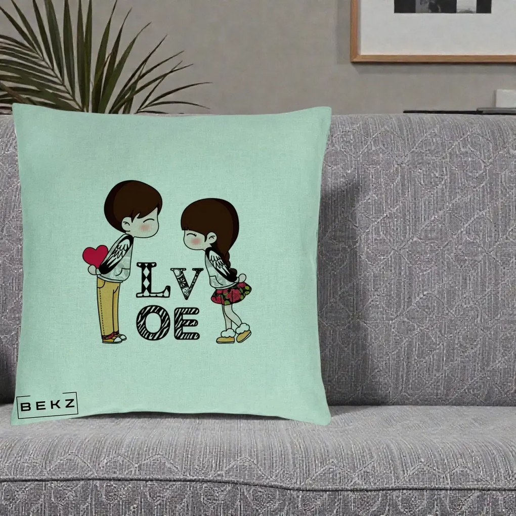 Cadou Romantic - Perna Personalizata Cuplu Kawaii LOVE, 40x40 cm, Verde Menta, Husa Detasabila, Perna Inclusa, BEKZ®