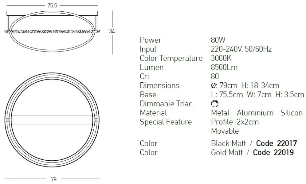 Lustra aplicata LED cu doua inele mobile Ceiling auriu, L-79cm