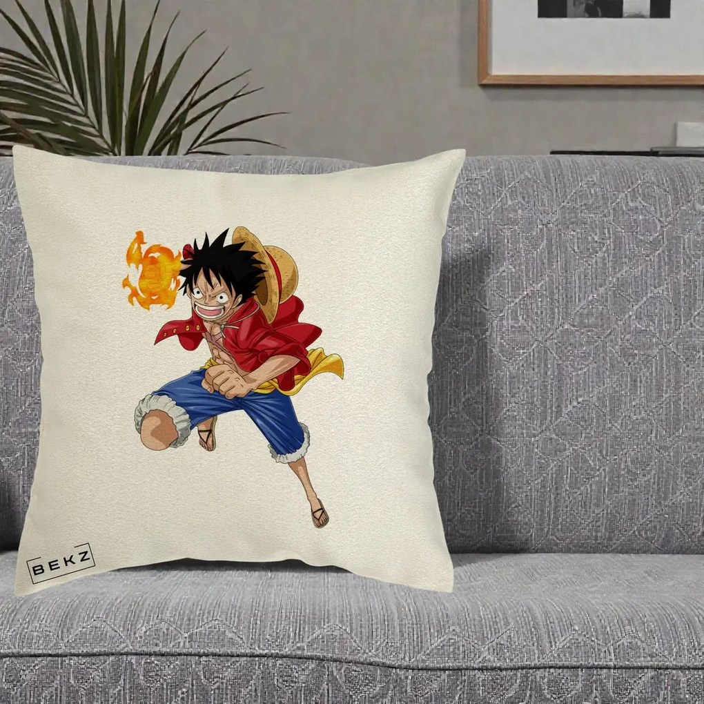 Perna Personalizata One Piece Luffy Gear Second Foc, 40x40 cm, Ecru, Husa Detasabila, Perna Inclusa, BEKZ®