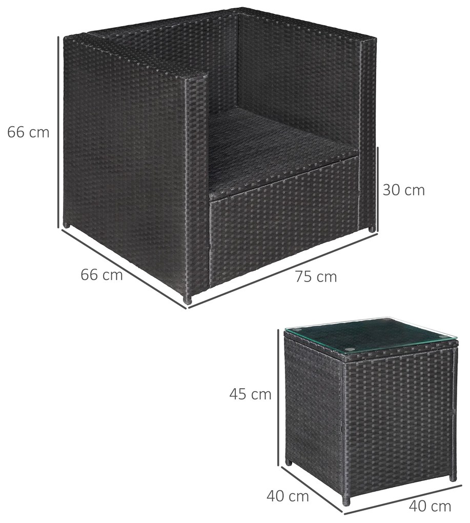 Outsunny Set Mobilier de Gradina din Ratan PE de 3 Piese cu 2 Fotolii de Exterior, Masuta pentru Cafea cu Sticla si Perne, Negru