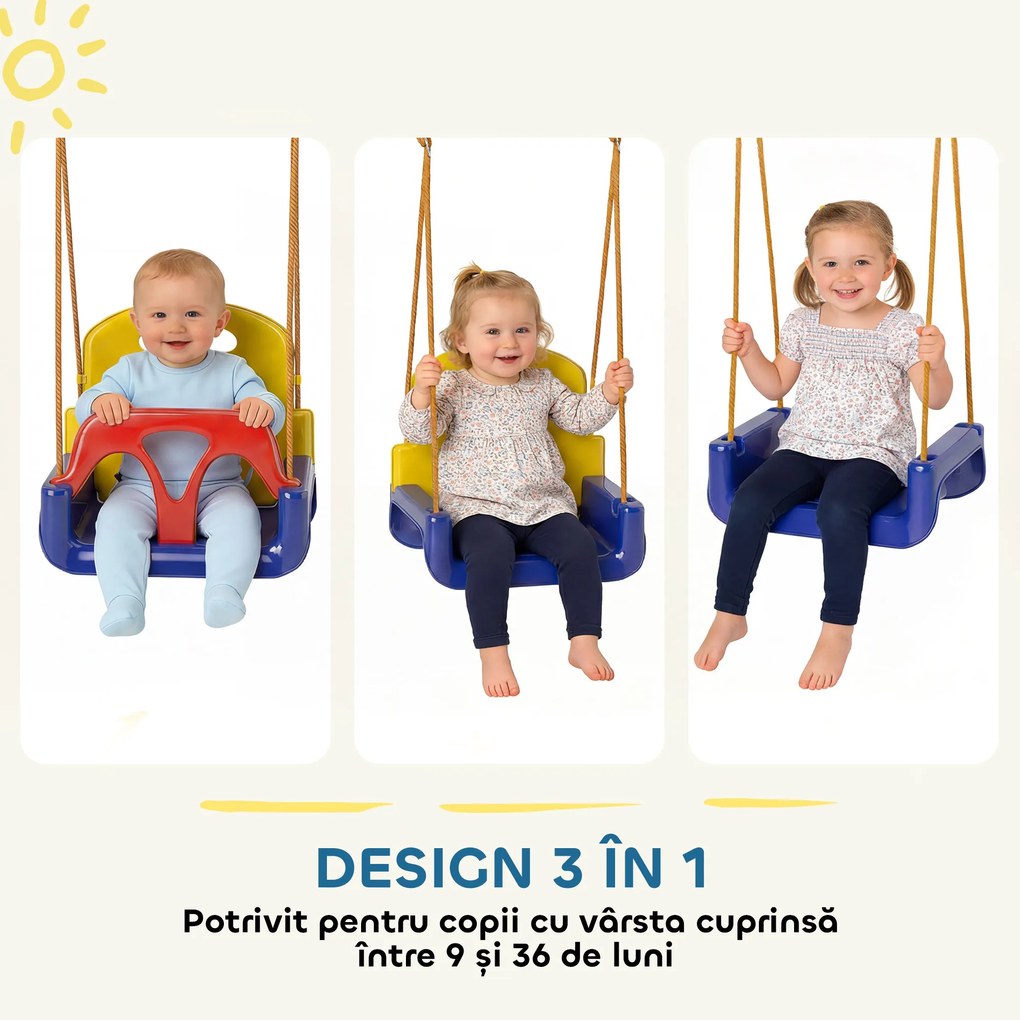 Outsunny Leagăn pentru Copii 3 în 1 de Interior și Exterior, Leagăn de Grădină pentru Bebeluși și Copii 9-36 Luni, Frânghie Reglabilă 120-180 cm și Centură de Siguranță, 42x33x120-180 cm, Albastru | Aosom Romania