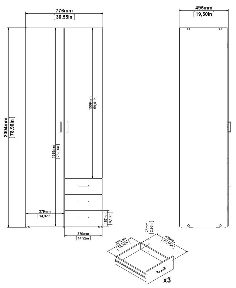 Șifonier alb 78x200 cm Space – Tvilum