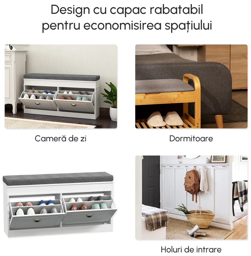Banchetă-Pantofar HOMCOM din Lemn cu Spațiu de Depozitare, 104x24x55 cm, Design Modern, Alb | Aosom Romania