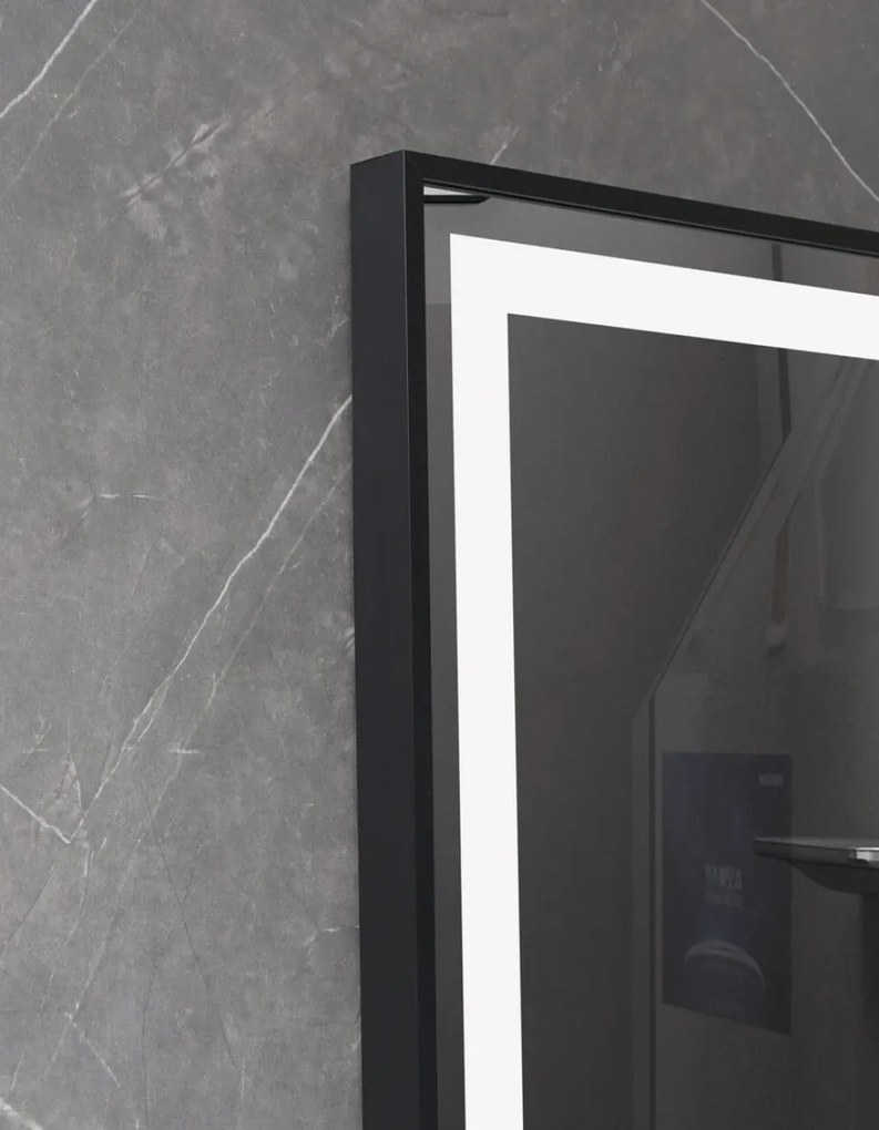 RESIGILAT- Oglindă baie, Multifuncțională, Iluminare LED Touch in 2 culori, Sistem Dezaburire, Ceas electronic încorporat, rama aluminiu, 60x80 cm, Negru