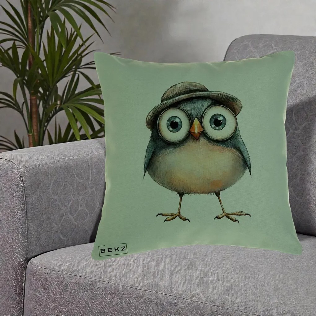 Perna Decorativa Pui cu Palarie Rotunda, 40x40 cm, Verde, Husa Detasabila, Perna Inclusa, BEKZ®