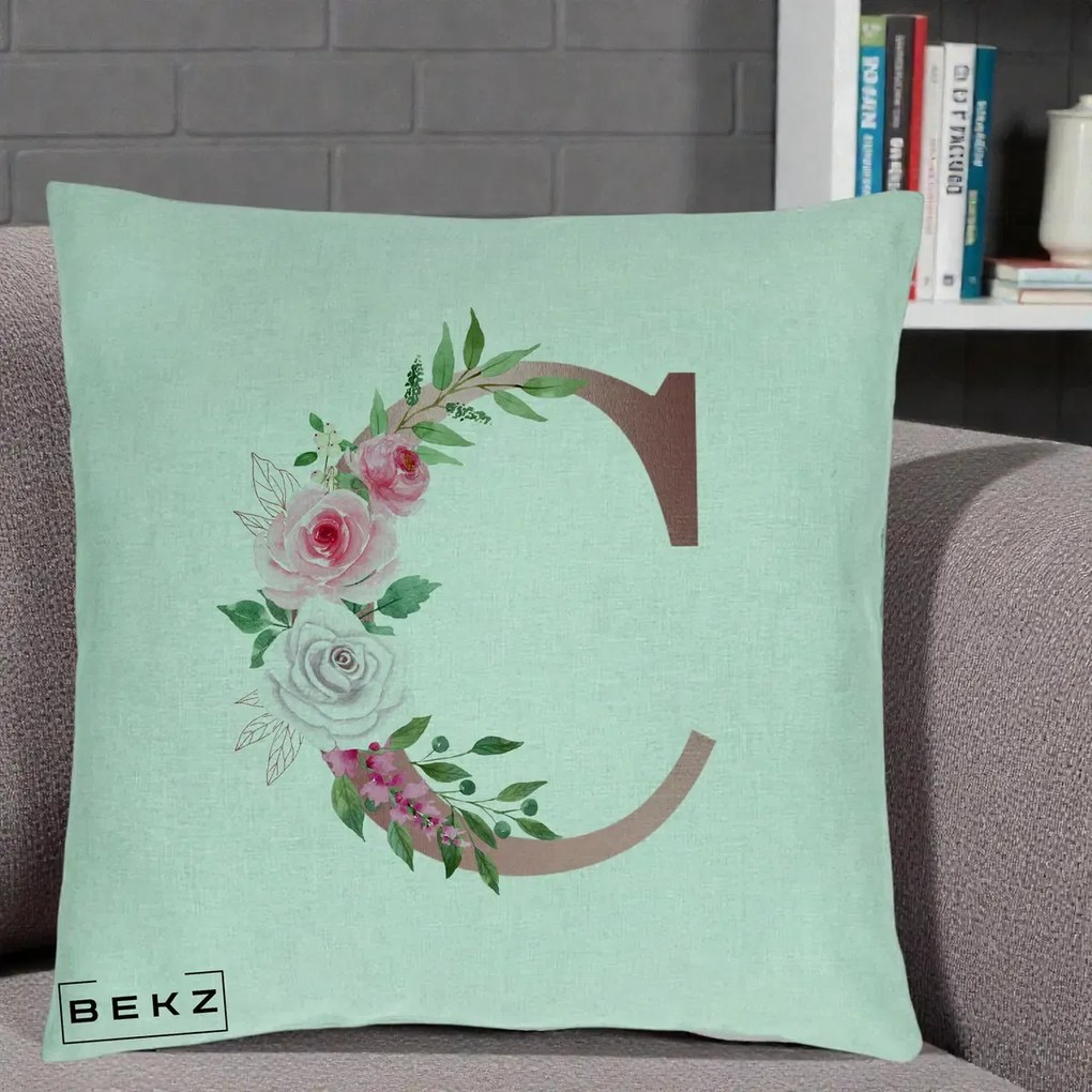 Cadou Personalizat - Perna Personalizata Monograma Rose Gold Litera C, 40x40 cm, Verde Menta, Husa Detasabila, Perna Inclusa, BEKZ®