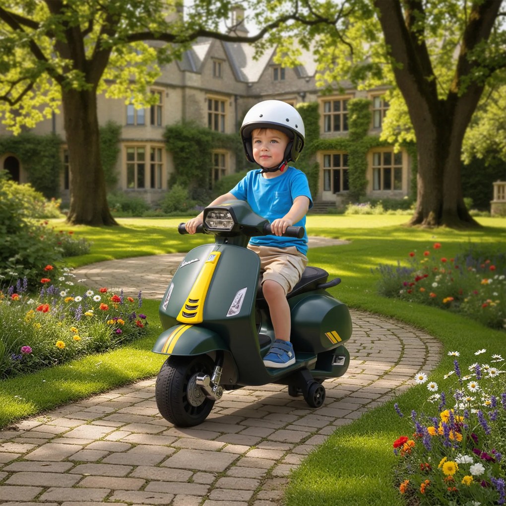 AIYAPLAY Motocicletă Electrică pentru Copii cu Licență Vespa, Baterie Reîncărcabilă 6V, Roți Laterale și Lumini, Vârsta 2-6 Ani, Verde Închis | Aosom Romania