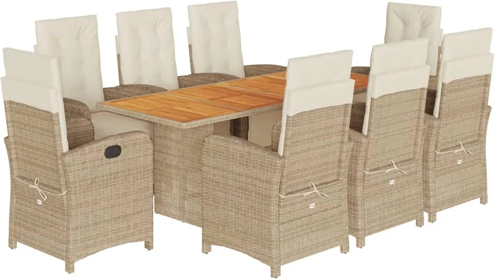 vidaXL Set de masă pentru grădină, 9 piese, cu perne, bej, poliratan