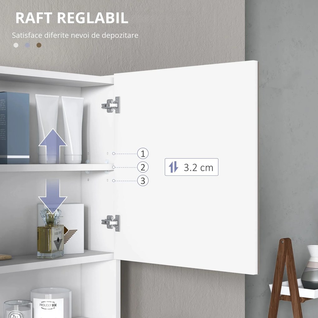 HOMCOM Dulap cu Oglindă de Perete cu Lumini LED și Rafturi Reglabile din Sticlă și MDF pentru Baie | Aosom Romania