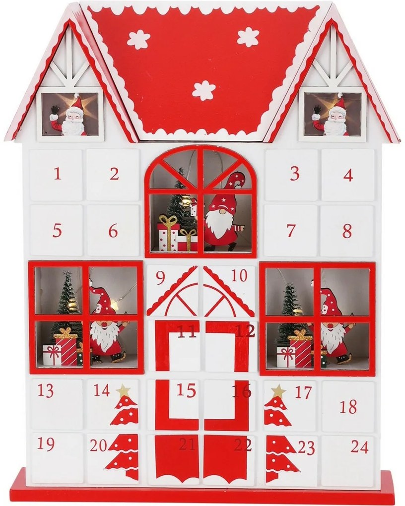 Calendar de advent cu lumini LED Santa´s house roșu, 29 x 7 x 37 cm