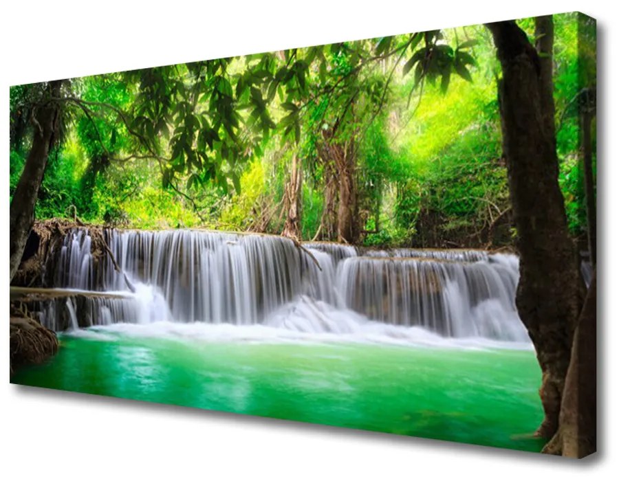 Tablou pe panza canvas Cascada Lake Forest Natura Albastru Gri Verde Maro