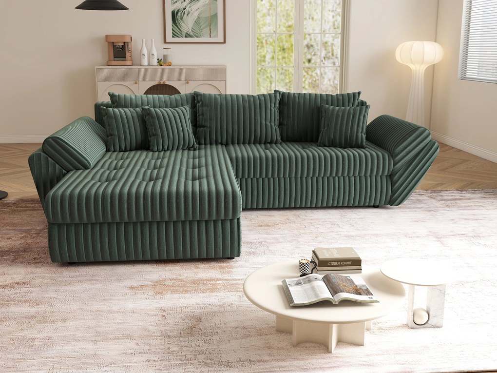 Colțar extensibil dumonde cu ladă de depozitare si sezut confortabil din spuma high-density, Loana Ambience Green 270x185 cm