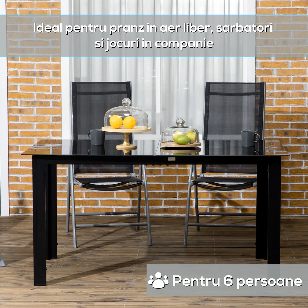 Outsunny Masă de Grădină cu Blat din Sticlă Temperată 150x90 cm pentru 6 Persoane, Masă de Luat Prânzul din Aluminiu pentru Exterior, Patio, Terasă, Balcon, Negru | Aosom Romania