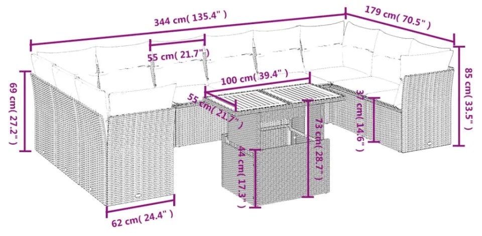 Set canapele de grădină cu perne, 11 piese, gri, poliratan