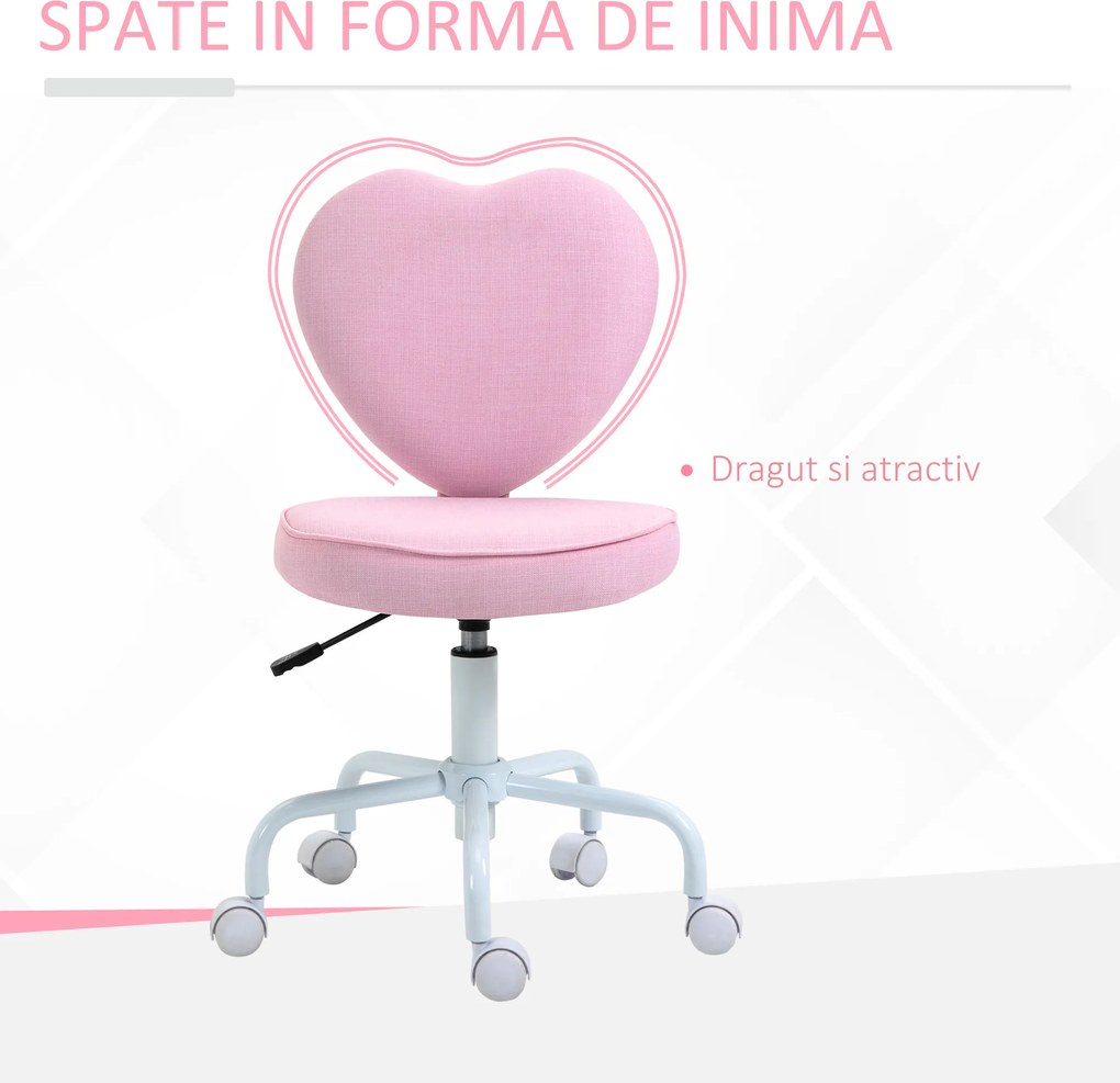HOMCOM Scaun de Birou în Formă de Inimă, Bază cu 5 Roți, Înălțime Reglabilă, 40x50x79-89 cm, Roz | Aosom Romania