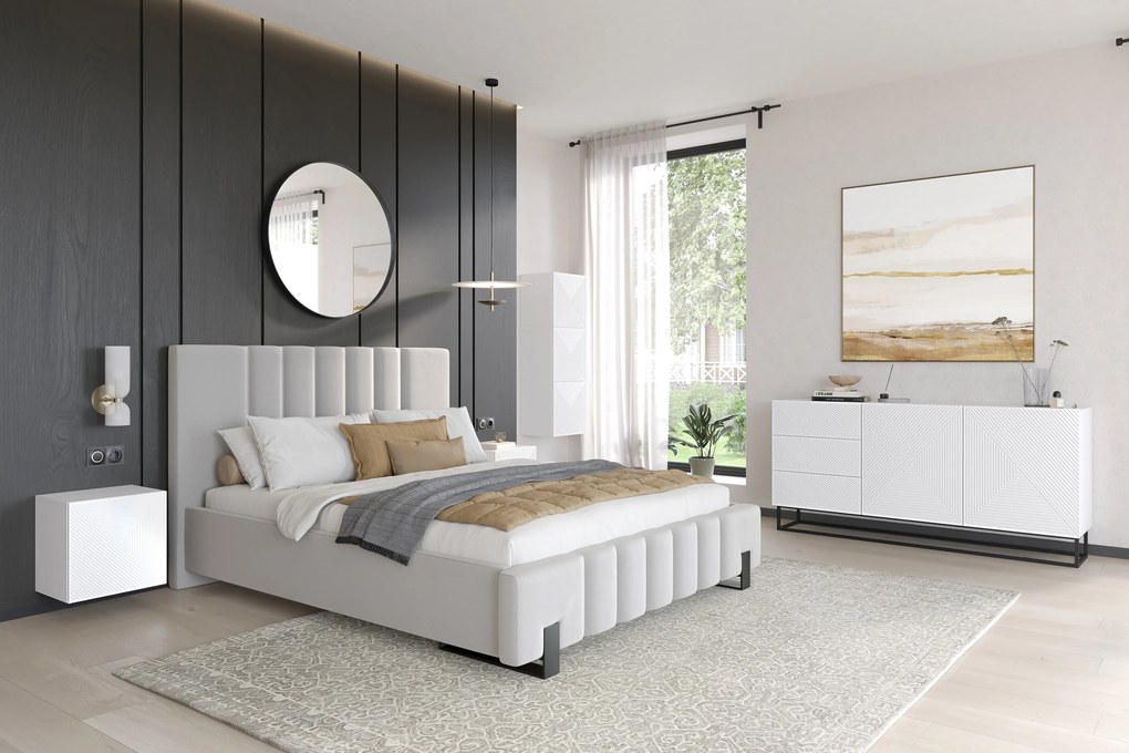 Comodă Asha 167 cm cu două uși și sertare - alb mat / cadru negru