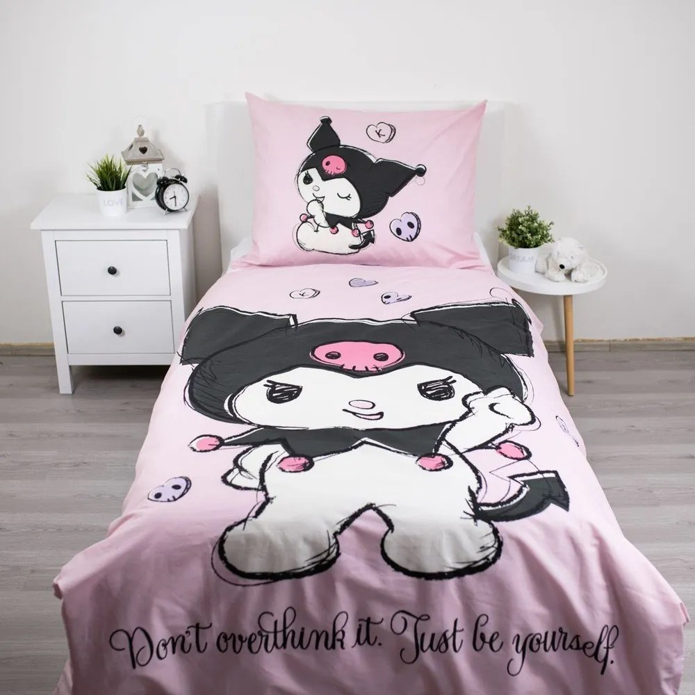 Lenjerie de pat pentru copii roz din bumbac pentru pat de o persoană 140x200 cm Hello Kitty "Kuromi" – Jerry Fabrics