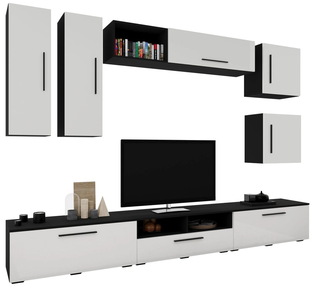 Living Kos V1, Negru/Alb Lucios, MDF, L 285 cm
