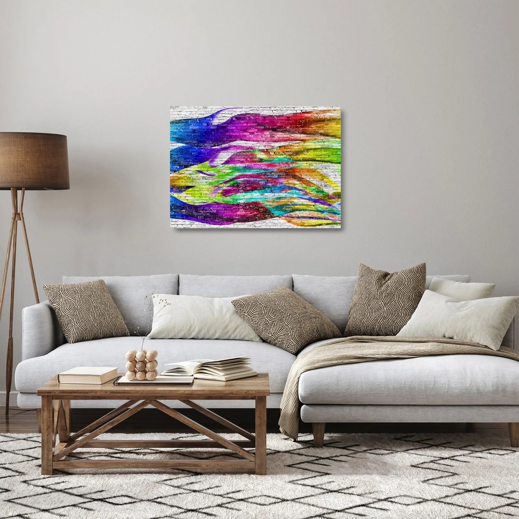 Tablou pe sticlă - Zid de cărămidă cu flăcări colorate (70x50 cm)