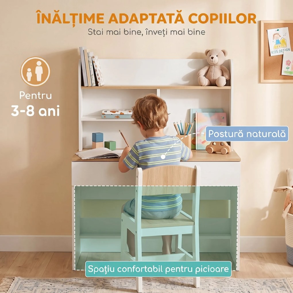 AIYAPLAY Birou pentru Copii, Masă de Studiu cu Bibliotecă și Sertar 3-8 Ani, Alb | Aosom Romania