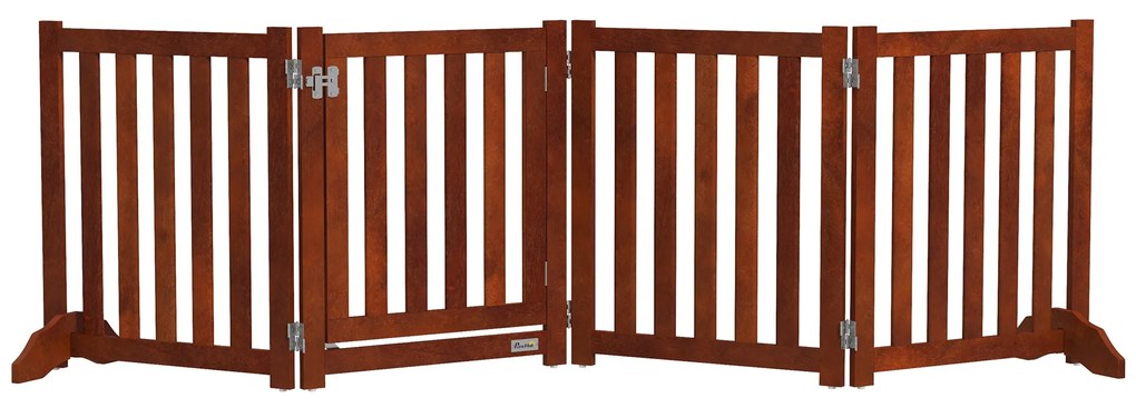 PawHut Barieră de siguranță câine pliabilă dublă față din lemn, 4 panouri cu ușă, picioare de suport, 205 x 60 cm, maro | Aosom Romania