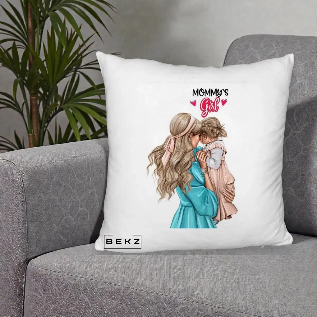 Cadou pentru Mama - Perna Personalizata Mommy's Girl Mama si Fetita, 40x40 cm, Alb Pufos, Husa Detasabila, Perna Inclusa, BEKZ®