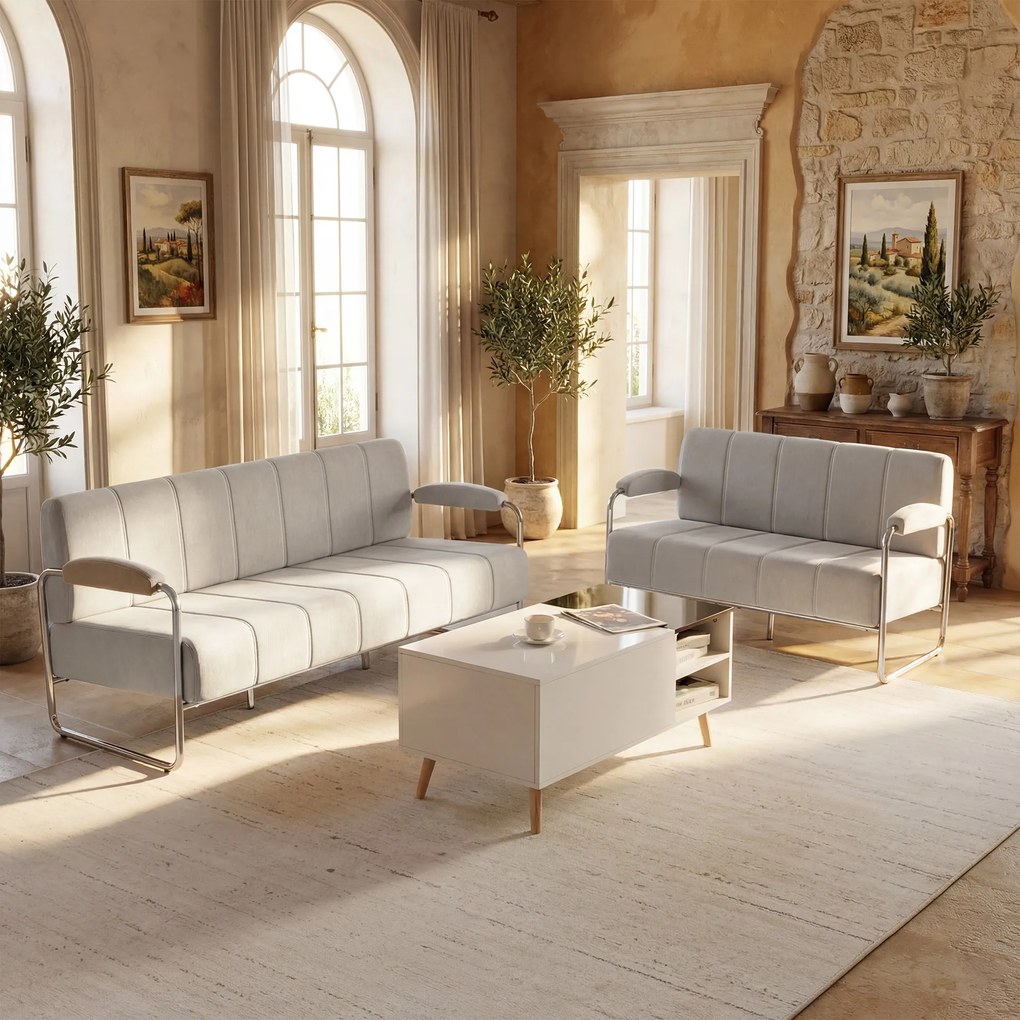 HOMCOM Canapea 3 Locuri Tapițată cu Chenille și Cusături Duble, Canapea Modernă cu Brațe și Picioare din Oțel, pentru Living, Birou și Dormitor, 174x75x76 cm, Bej | Aosom Romania