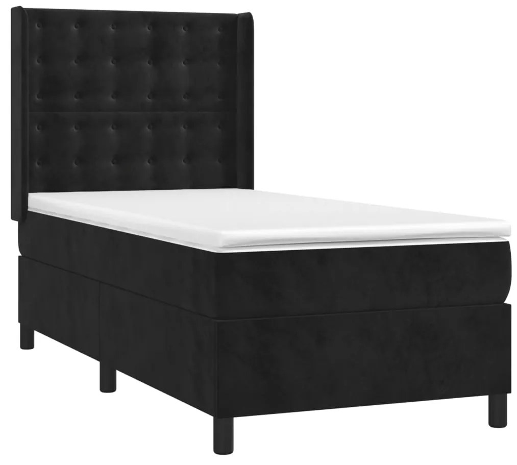 Pat box spring cu saltea, negru, 100x200 cm, catifea Negru, 100 x 200 cm, Nasturi de tapiterie