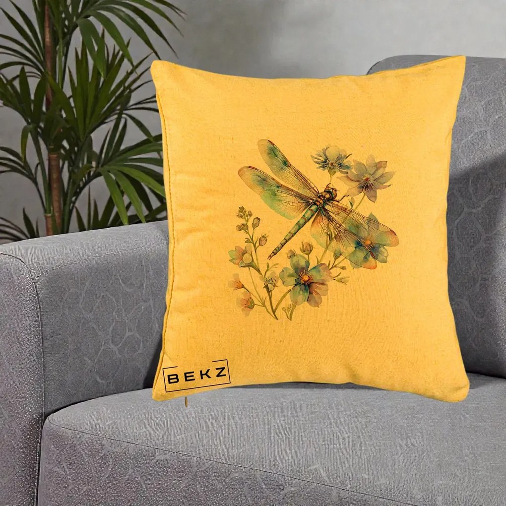 Perna Decorativa Libelula Acuarela Flori Albastre, 40x40 cm, Galben, Husa Detasabila, Perna Inclusa, BEKZ®