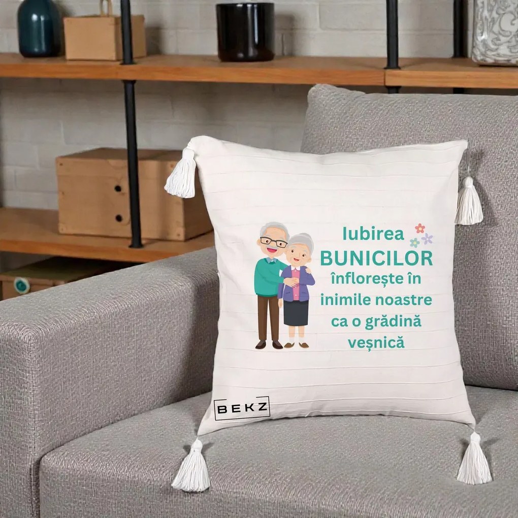 Cadou pentru Bunici - Perna Personalizata Bunicii Iubirea Infloreste Cuplu Senior Teal, 40x40 cm, Bej cu Franjuri, Husa Detasabila, Perna Inclusa, BEKZ®