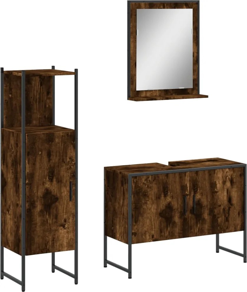 vidaXL Set dulapuri de baie, 3 piese, stejar afumat, lemn prelucrat