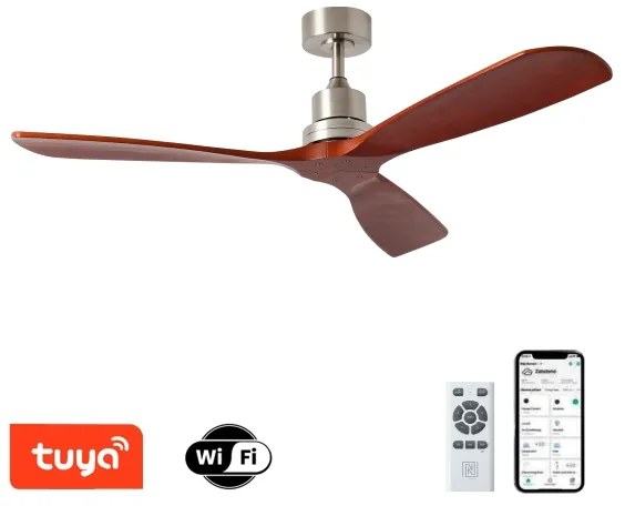 ZEVENTI - Ventilator de tavan LIONI Wi‑Fi Tuya crom/stejar + telecomandă
