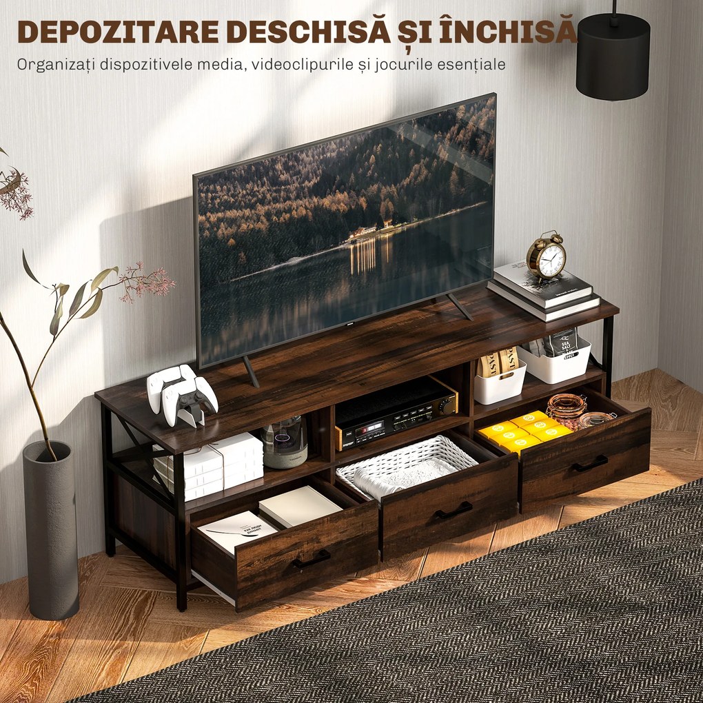 HOMCOM Dulap TV 65" în Stil Industrial cu 3 Sertare și 3 Rafturi Deschise, Dulap TV din Lemn, 147x40x50 cm, Negru | Aosom Romania