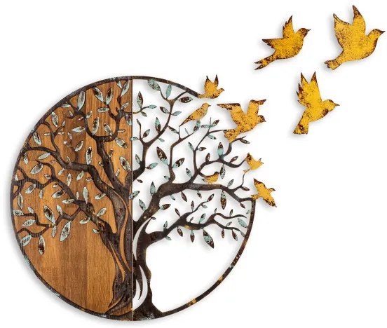 Decorațiune de perete 92x71 cm lemn/metal copac și păsări