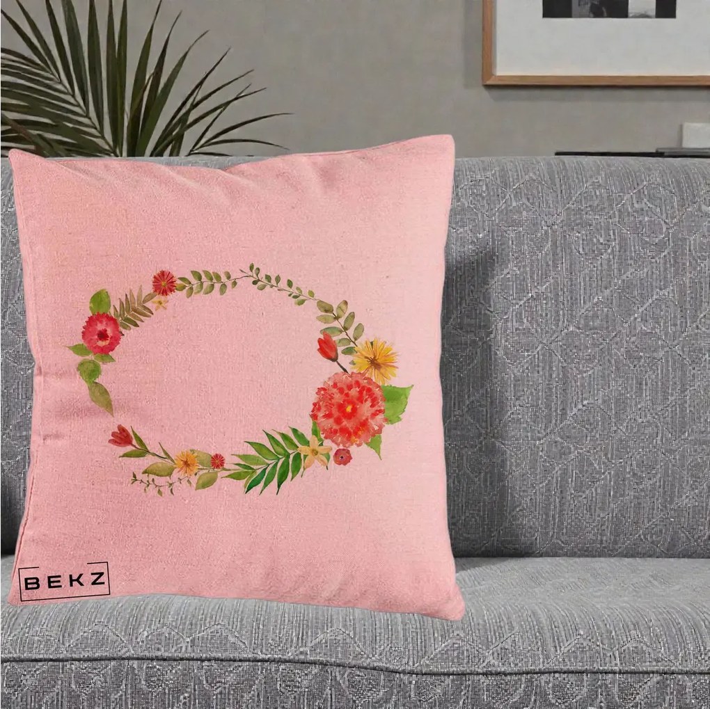 Perna Decorativa Coroana Florala Acuarela, 40x40 cm, Roz, Husa Detasabila, Perna Inclusa, BEKZ®