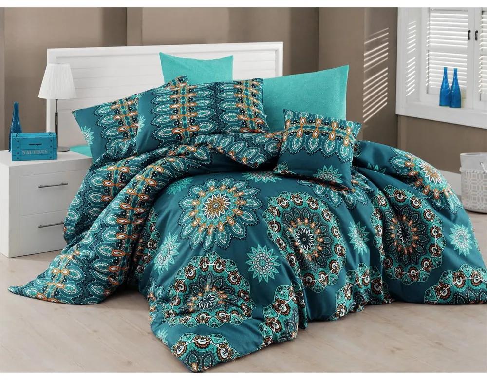 Lenjerie de pat cu cearșaf Nazenin Home Hula Turquoise, 200 x 220 cm