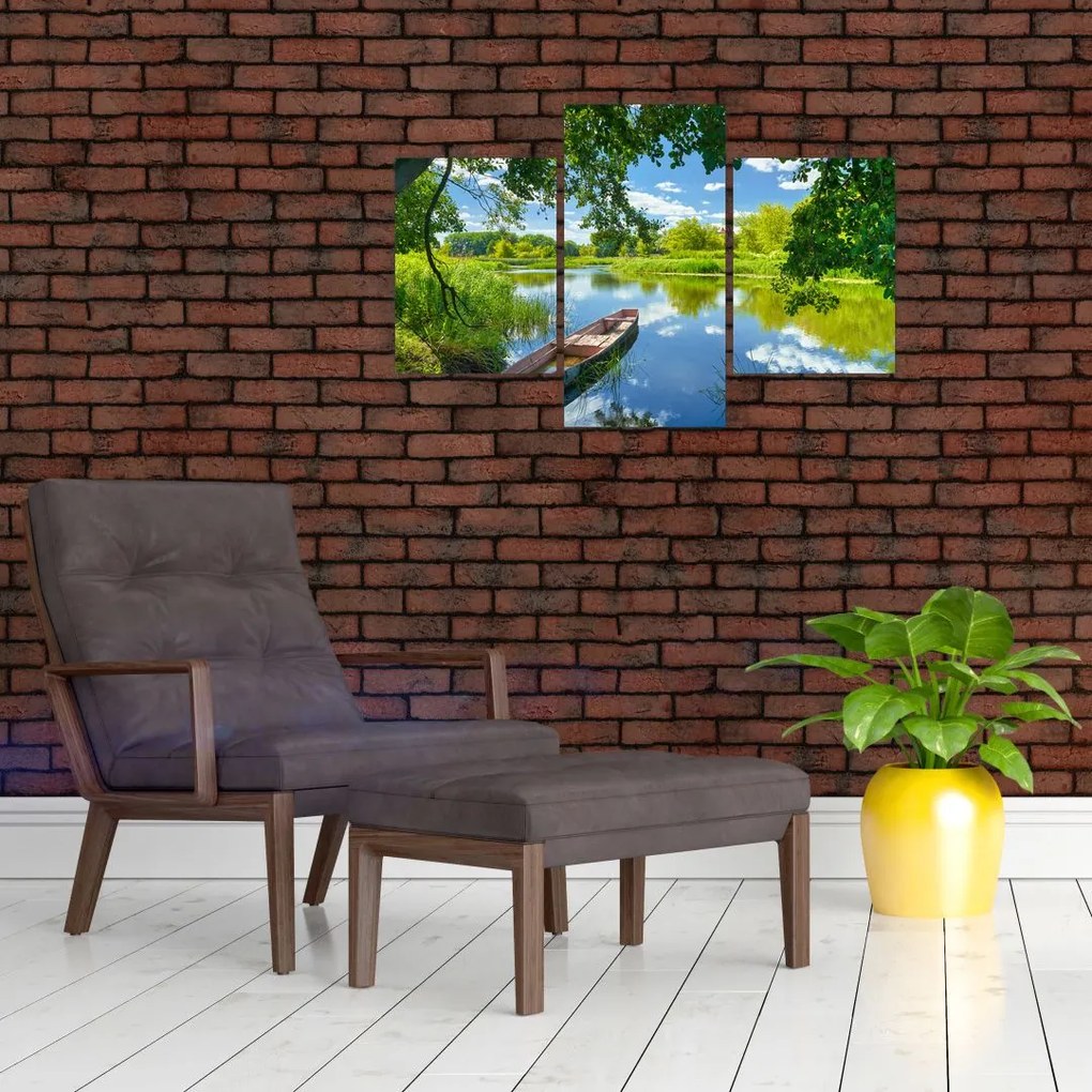 Tablou cu râu de vară și barcă (90x60 cm)