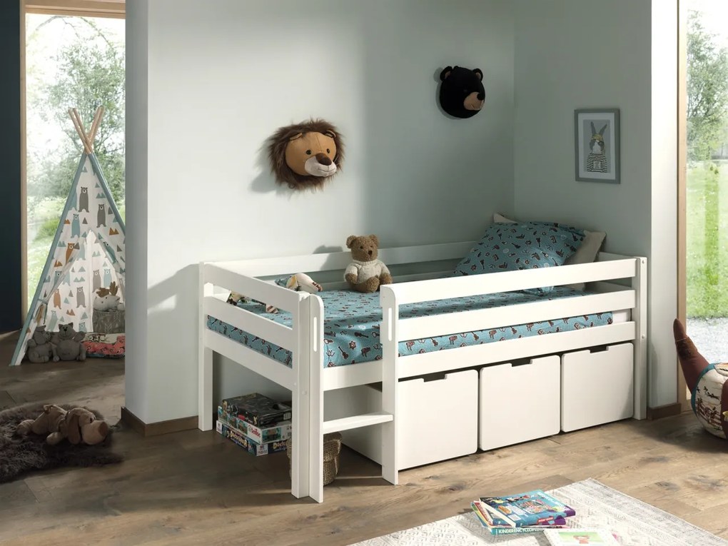 Dormitor Pino ALB 90x200 cm – Liniște și ordine în camera copilului tău | Set cu scară + 3 sertare | Gama PINO