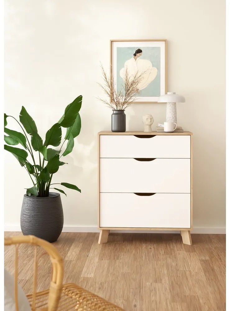 Comodă albă-în culoare naturală cu aspect de lemn de stejar 79x92x40 cm Ikast – Tvilum