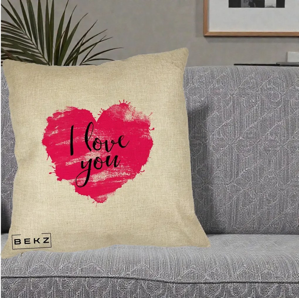 Cadou Romantic - Perna Personalizata I Love You Inima Roz, 40x40 cm, Crem, Husa Detasabila, Perna Inclusa, BEKZ®