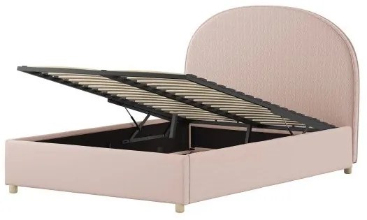 Set MOON: pat tapițat 90 x 200 cm roz cu țesătură bouclé și spațiu de depozitare + 2 tabureti roz multifuncționali – Vipack