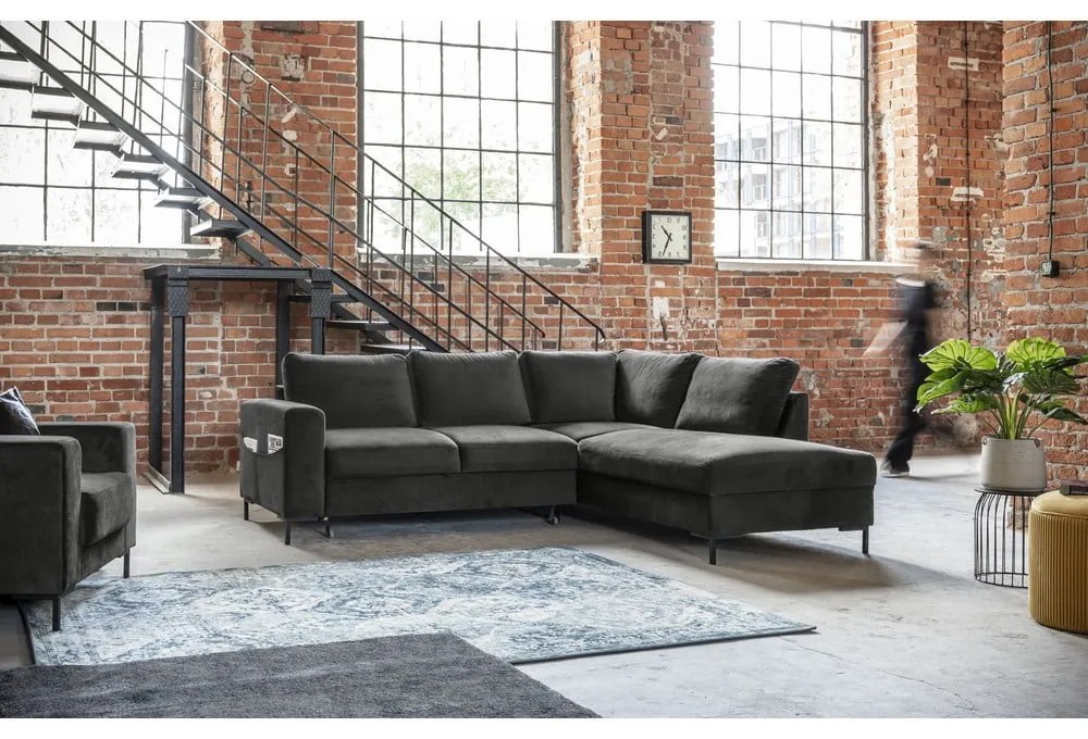 Colțar gri închis extensibil cu tapițerie din catifea (cu colț pe partea dreaptă) Lofty Lilly – Miuform